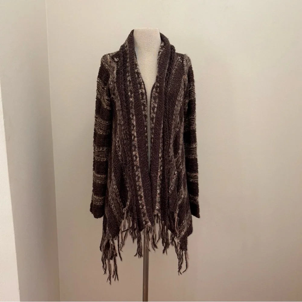 Free People Brown Wool/Mohair/Linen Fringe Cardigan Sweater Size Large Boho Chic